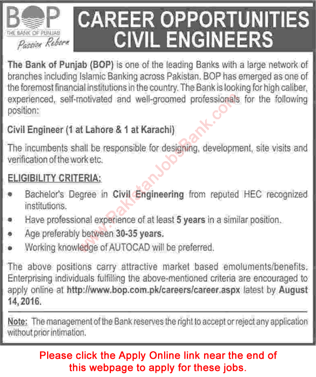 Civil Engineer Jobs in Bank of Punjab August 2016 in Karachi & Lahore Apply Online Latest