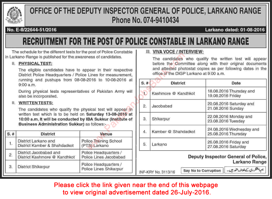 Sindh Police Constable Jobs August 2016 in Larkana Range Test / Interview Schedule Latest