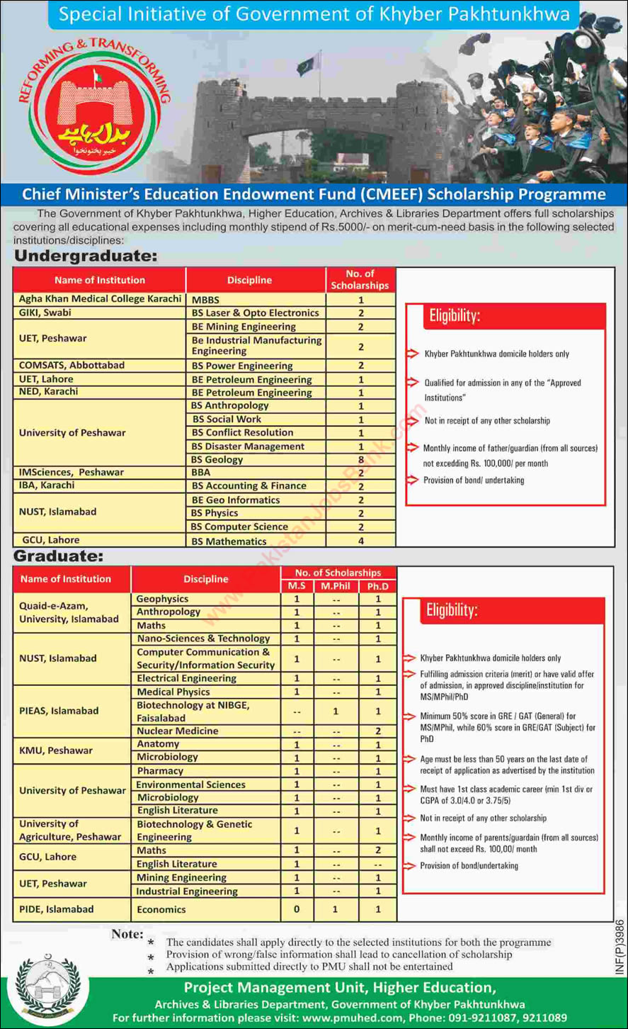 KPK Chief Minister's Education Endowment Fund Scholarship Program 2016 August CMEEF Latest