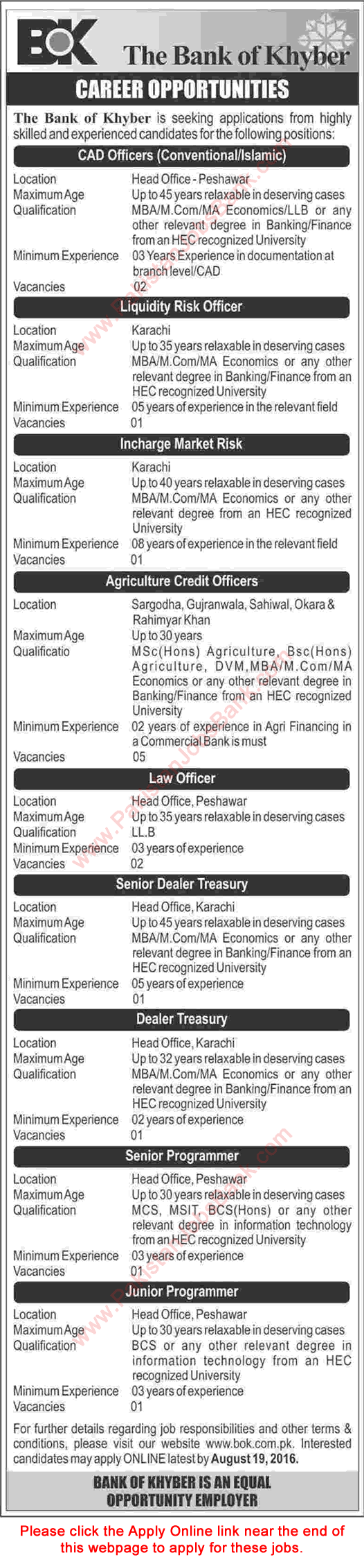 Bank of Khyber Jobs August 2016 BOK Apply Online Agriculture Credit Officers, Programmers & Others Latest