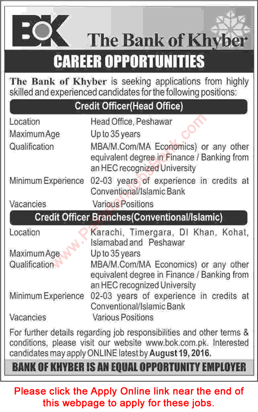Credit Officer Jobs in Bank of Khyber August 2016 BOK Apply Online Latest