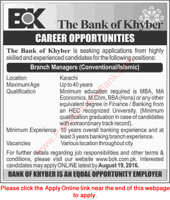 Branch Manager Jobs in Bank of Khyber August 2016 Karachi BOK Apply Online Latest