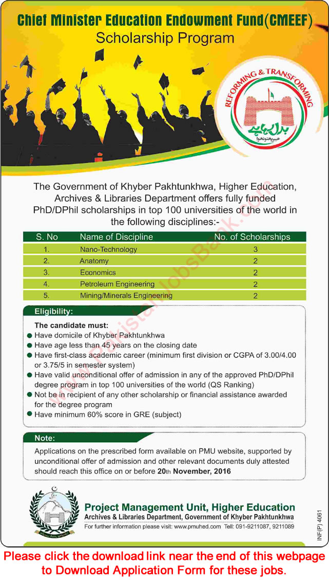 KPK CMEEF Scholarship Program 2016 August Application Form Chief Minister Education Endowment Fund Latest