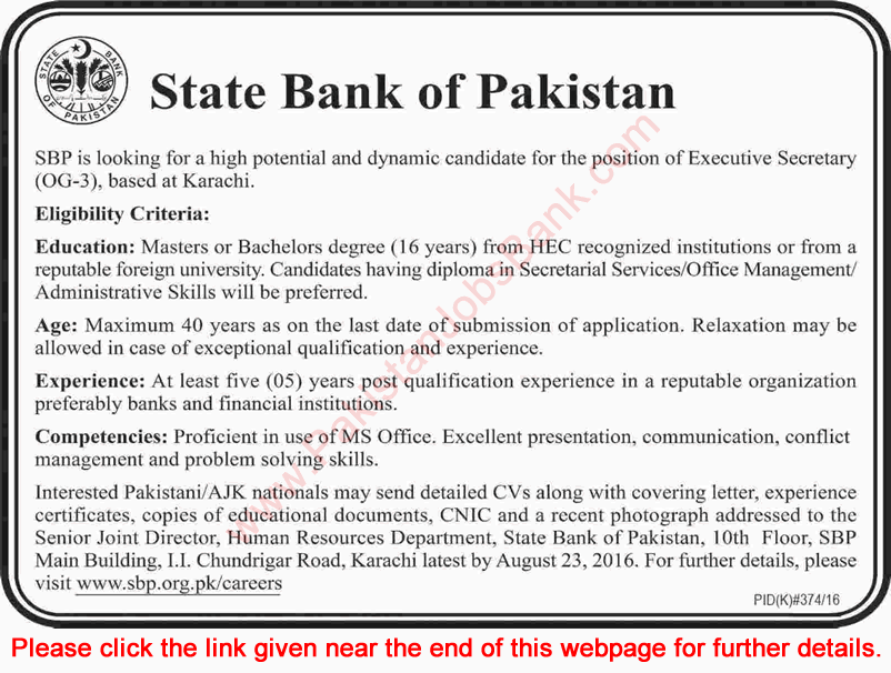 Executive Secretary Jobs in State Bank of Pakistan Karachi 2016 August SBP Latest