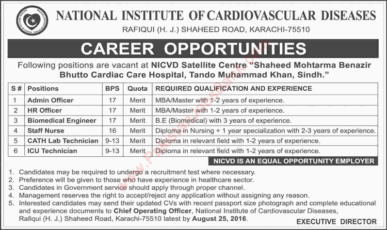NICVD Karachi Jobs August 2016 Shaheed Mohtarma Benazir Bhutto Cardiac Care Hospital Latest