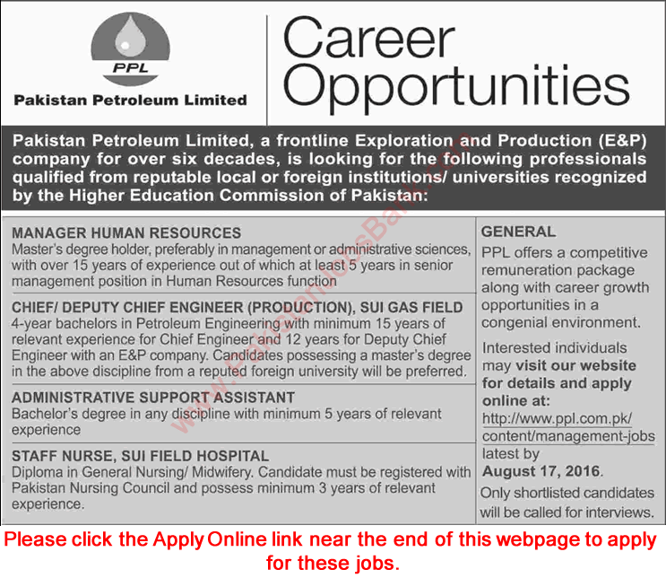 Pakistan Petroleum Limited Jobs August 2016 PPL Apply Online HR Manager, Staff Nurses & Others Latest