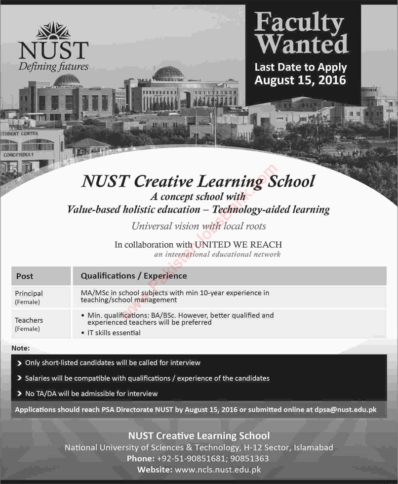 NUST Creative Learning School Islamabad Jobs 2016 August Female Teachers & Principal Latest