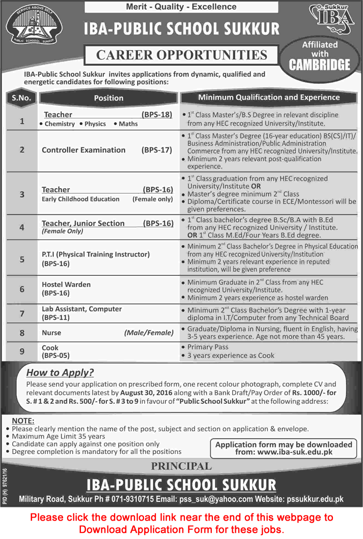 IBA Public School Sukkur Jobs August 2016 Application Form Teachers, Admin & Support Staff Latest