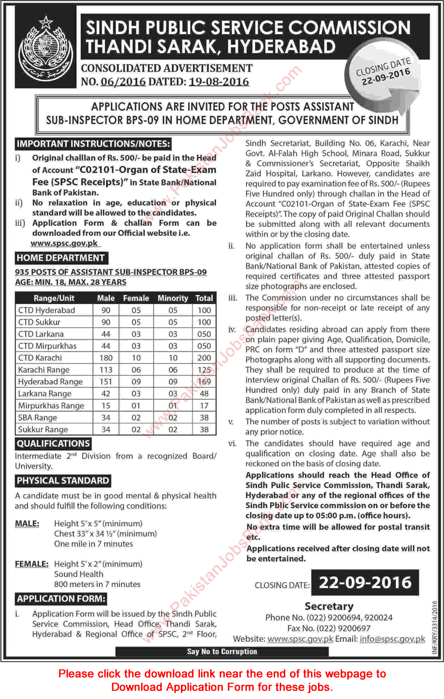 Assistant Sub Inspector Jobs in Home Department Sindh August 2016 ASI SPSC Application Form Latest / New