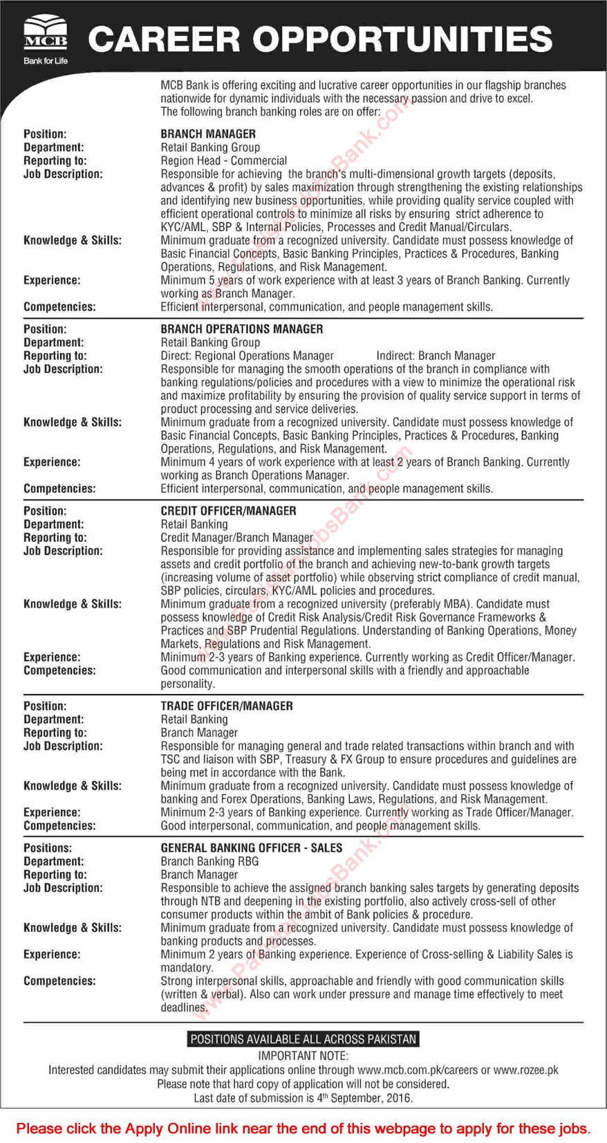 MCB Bank Jobs August 2016 Apply Online Teller Services Officers, General Banking Officers & Others Latest / New