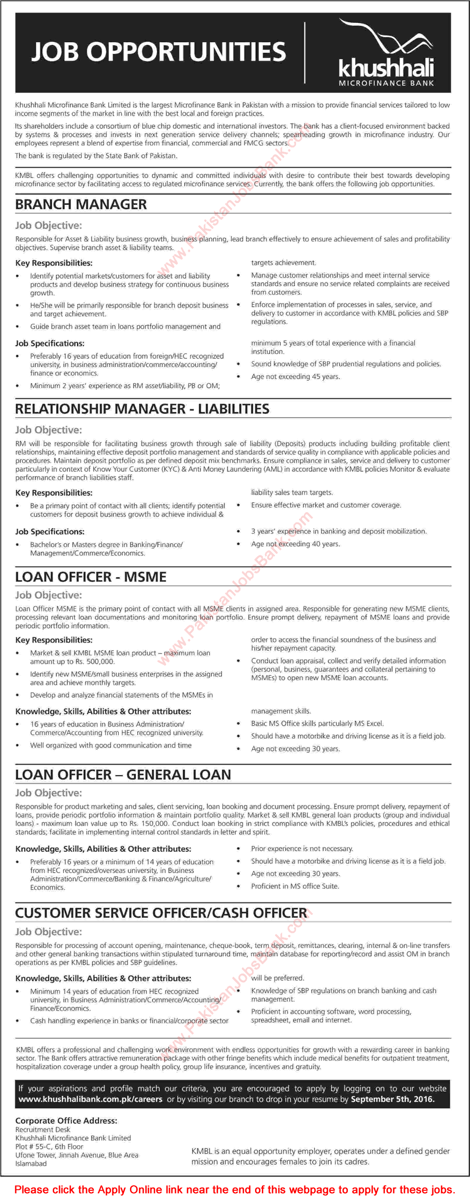 Khushhali Bank Jobs August 2016 Apply Online Cash / Loan Officers, Branch & Operation Managers Latest