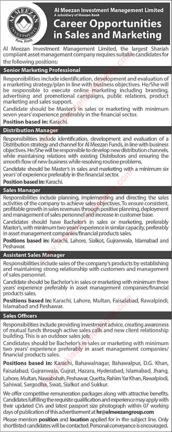 Al Meezan Investment Management Jobs 2016 August Sales Officers / Managers & Others Latest