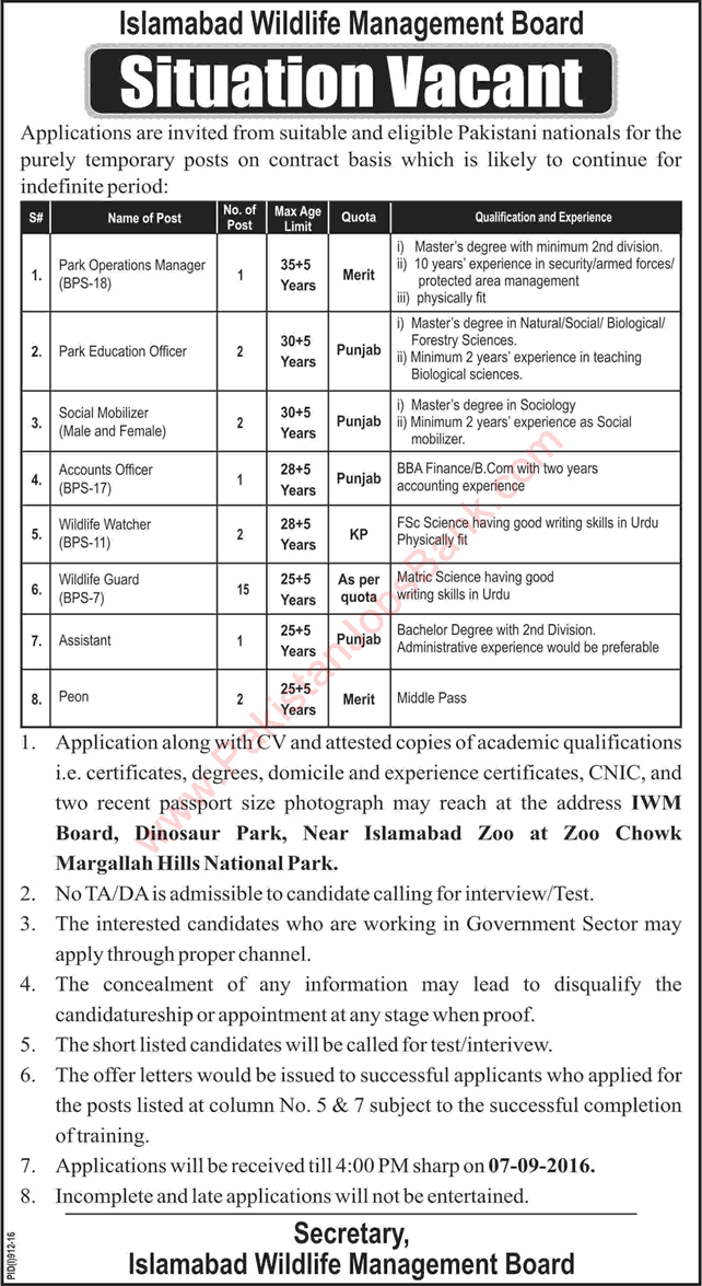 Islamabad Wildlife Management Board Jobs 2016 August Wildlife Guards, Social Mobilizers & Others Latest