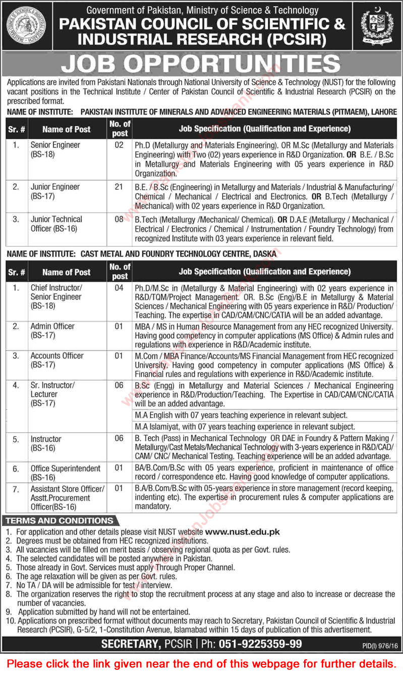 PCSIR Jobs August 2016 in Lahore & Daska Pakistan Council of Scientific and Industrial Research Latest