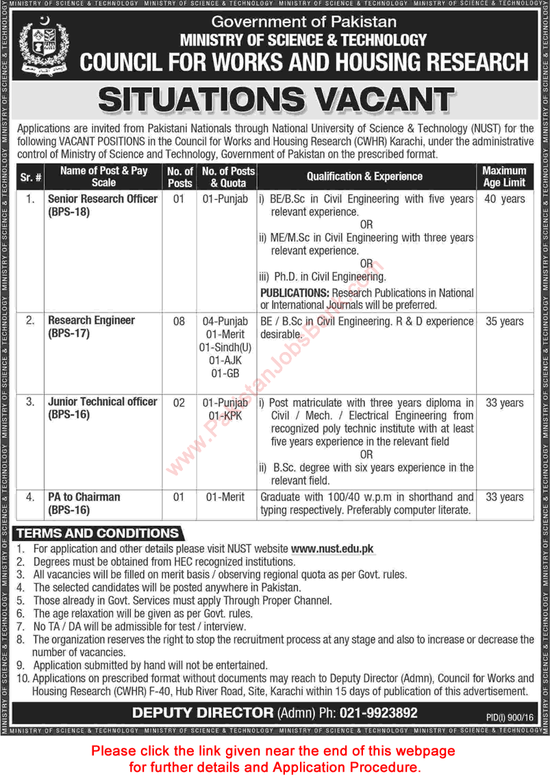 Council for Works and Housing Research Karachi Jobs 2016 August CWHR Civil Engineers & Others Latest