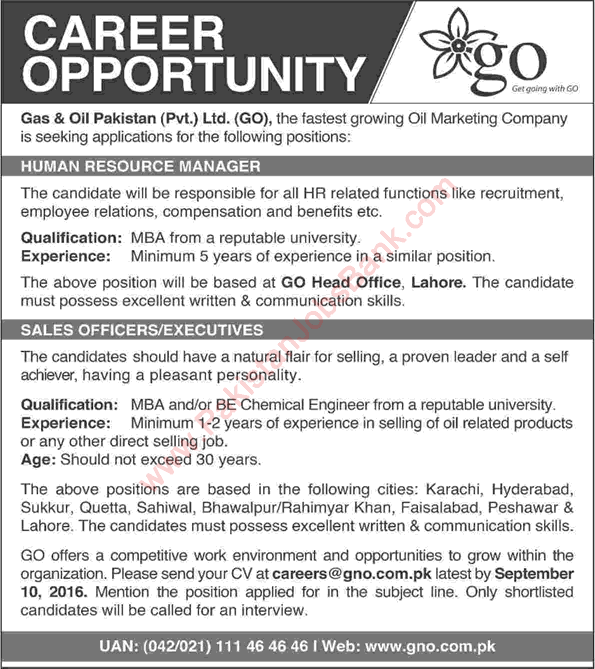 Gas & Oil Pakistan Pvt Ltd Jobs 2016 August Sales Officers / Executives & HR Managers Latest