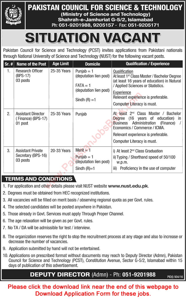 Pakistan Council for Science and Technologies Islamabad Jobs 2016 August / September Application Form Latest