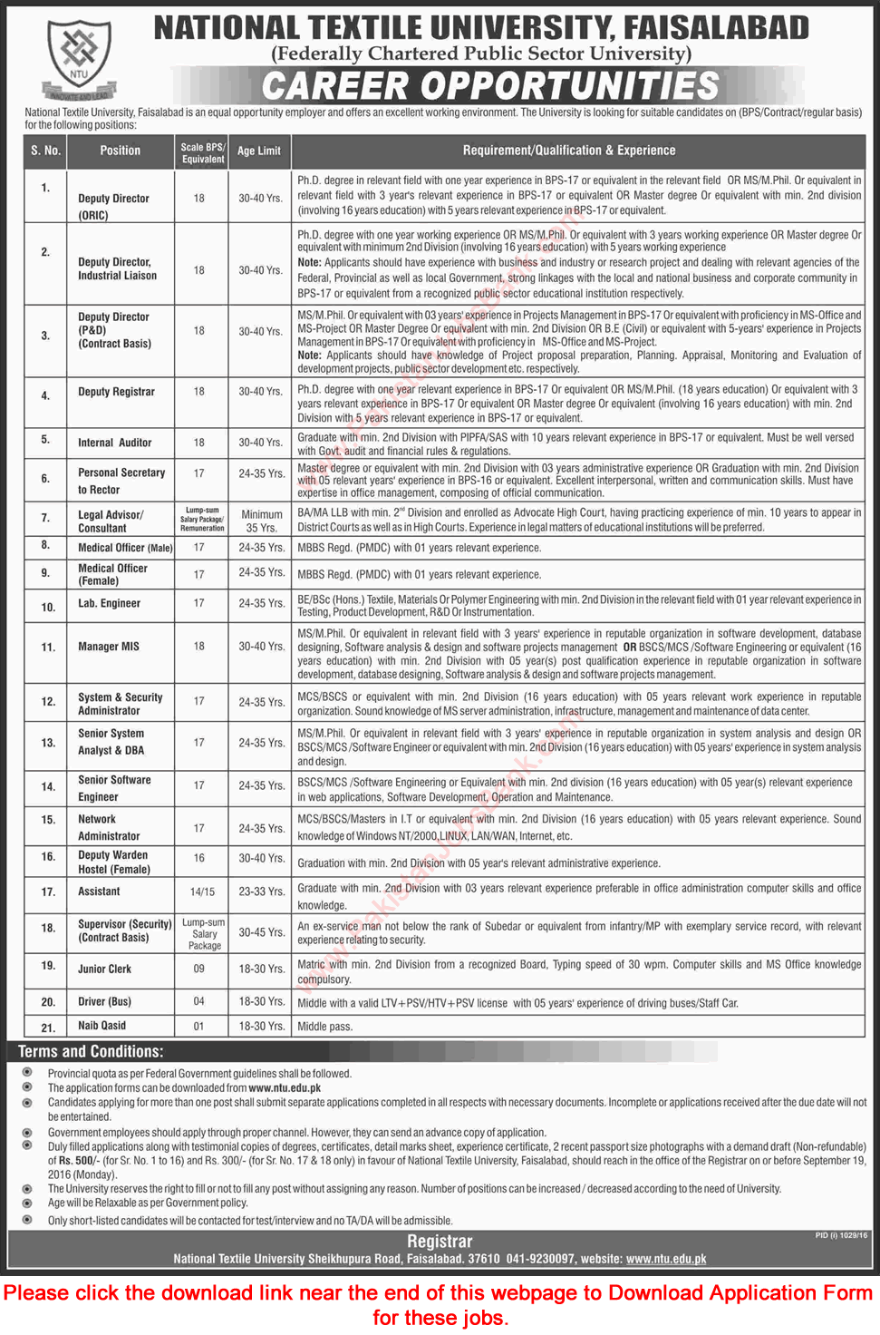 National Textile University Faisalabad Jobs August 2016 September NTU Application Form Download Latest