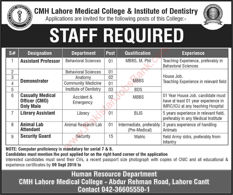 CMH Lahore Medical College Jobs August 2016 September Medical Officers, Demonstrators & Others Latest