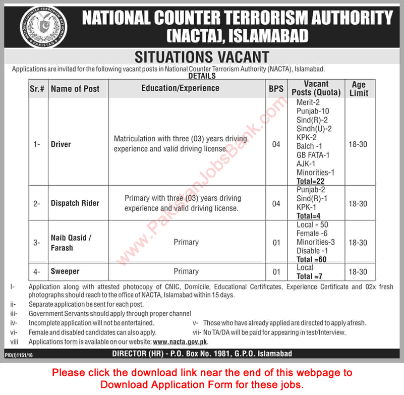 National Counter Terrorism Authority Islamabad Jobs September 2016 NACTA Application Form Download Latest