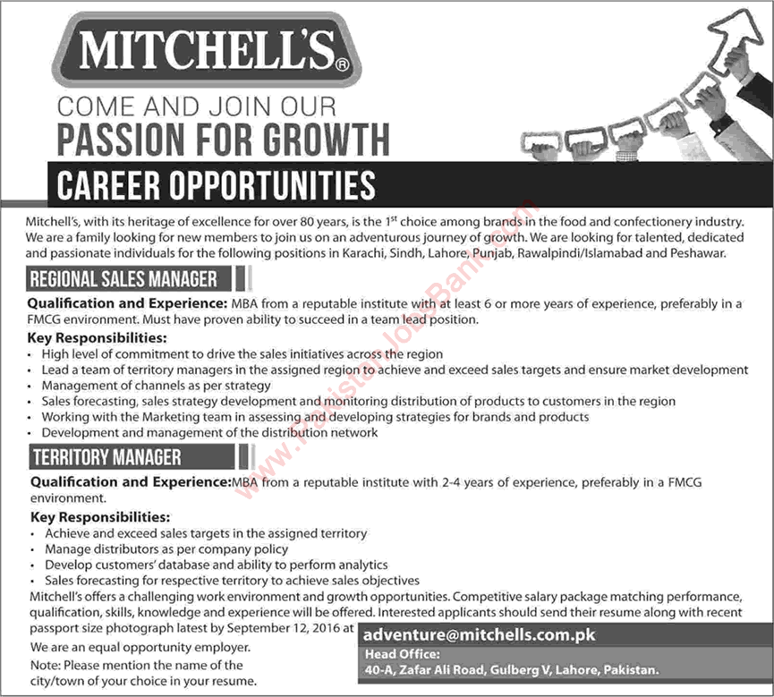 Mitchell's Pakistan Jobs 2016 September Regional Sales & Territory Managers Latest