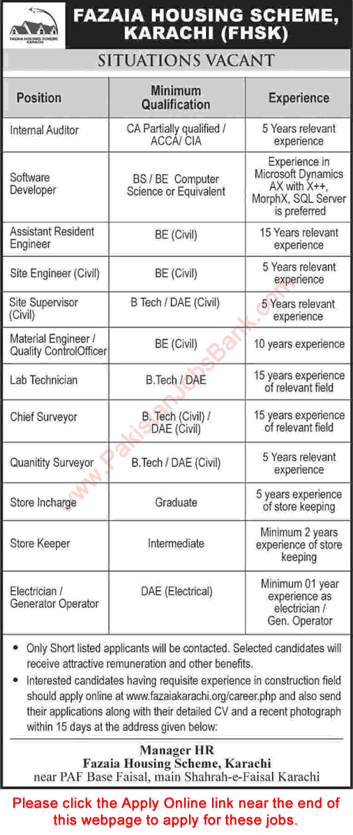 Fazaia Housing Scheme Karachi Jobs September 2016 FHSK Apply Online Civil Engineers & Others Latest