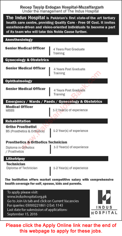 Indus Hospital Muzaffargarh Jobs September 2016 Apply Online Recep Tayyip Erdogan Hospital Latest