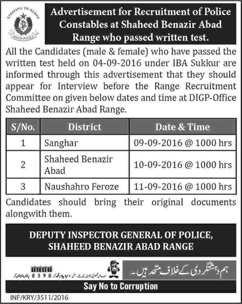 Sindh Police Constable Jobs September 2016 in Shaheed Benazirabad Range Interview Schedule Latest