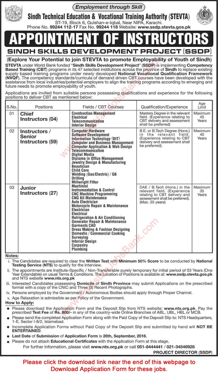 STEVTA Jobs 2016 September Instructors NTS Application Form Sindh Skill Development Project SSDP Latest