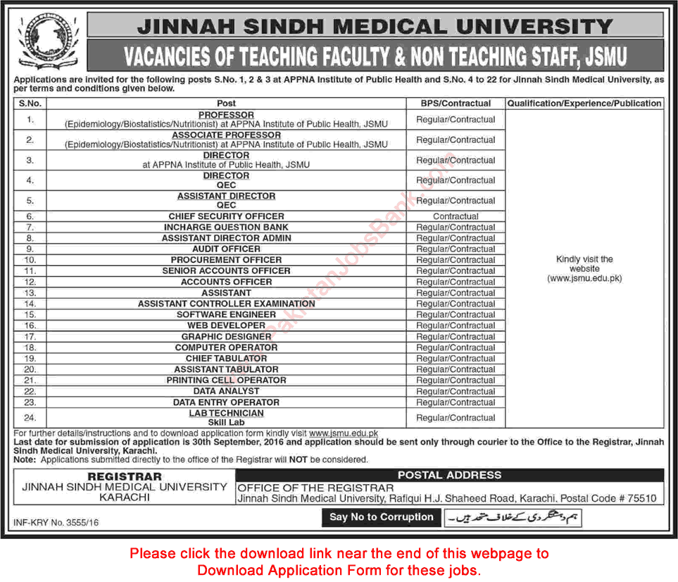 Jinnah Sindh Medical University Karachi Jobs September 2016 Application Form Teaching Faculty & Others Latest