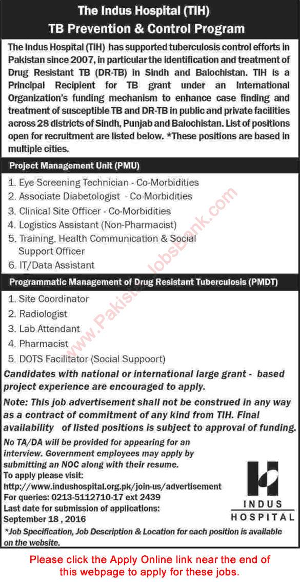 Indus Hospital Jobs September 2016 Apply Online TB Prevention and Control Program Latest