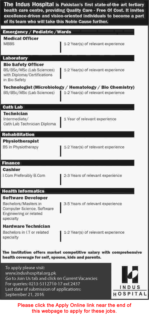 Indus Hospital Karachi Jobs September 2016 Apply Online Medical Officers, Technicians & Others Latest