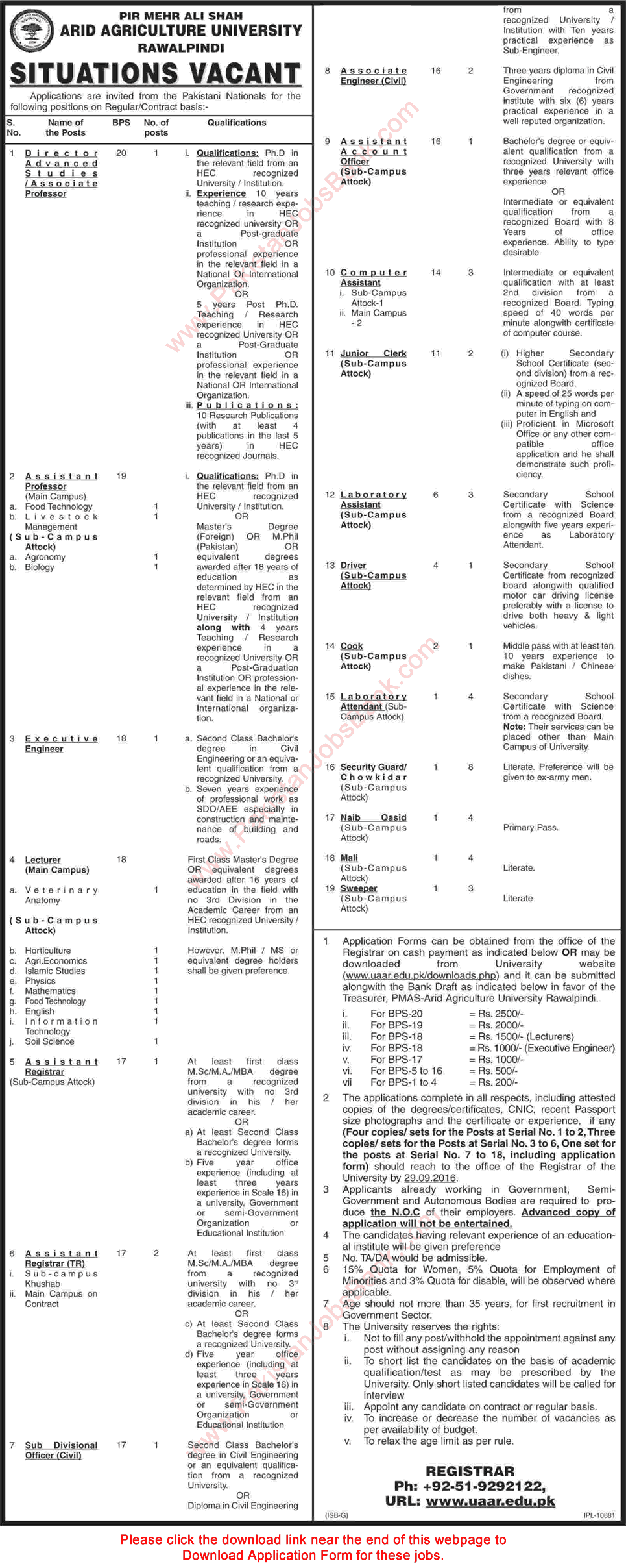 Arid Agriculture University Rawalpindi Jobs September 2016 PMAS UAAR Application Form Download Latest