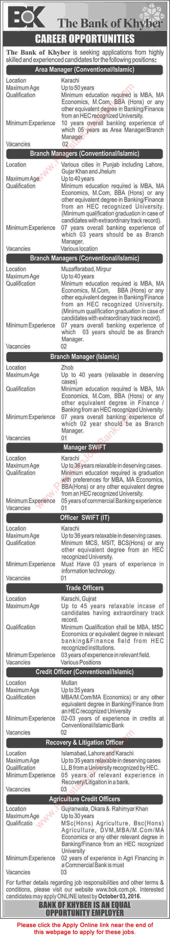 Bank of Khyber Jobs September 2016 Apply Online Branch Managers, Agriculture Credit Officers & Others Latest