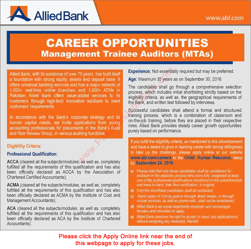 Management Trainee Auditor Jobs in Allied Bank September 2016 Apply Online ABL MTA Latest