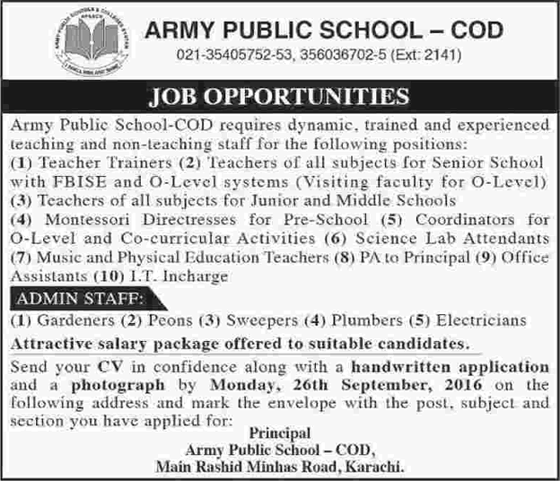 Army Public School COD Karachi Jobs September 2016 Teachers, Admin & Support Staff Latest