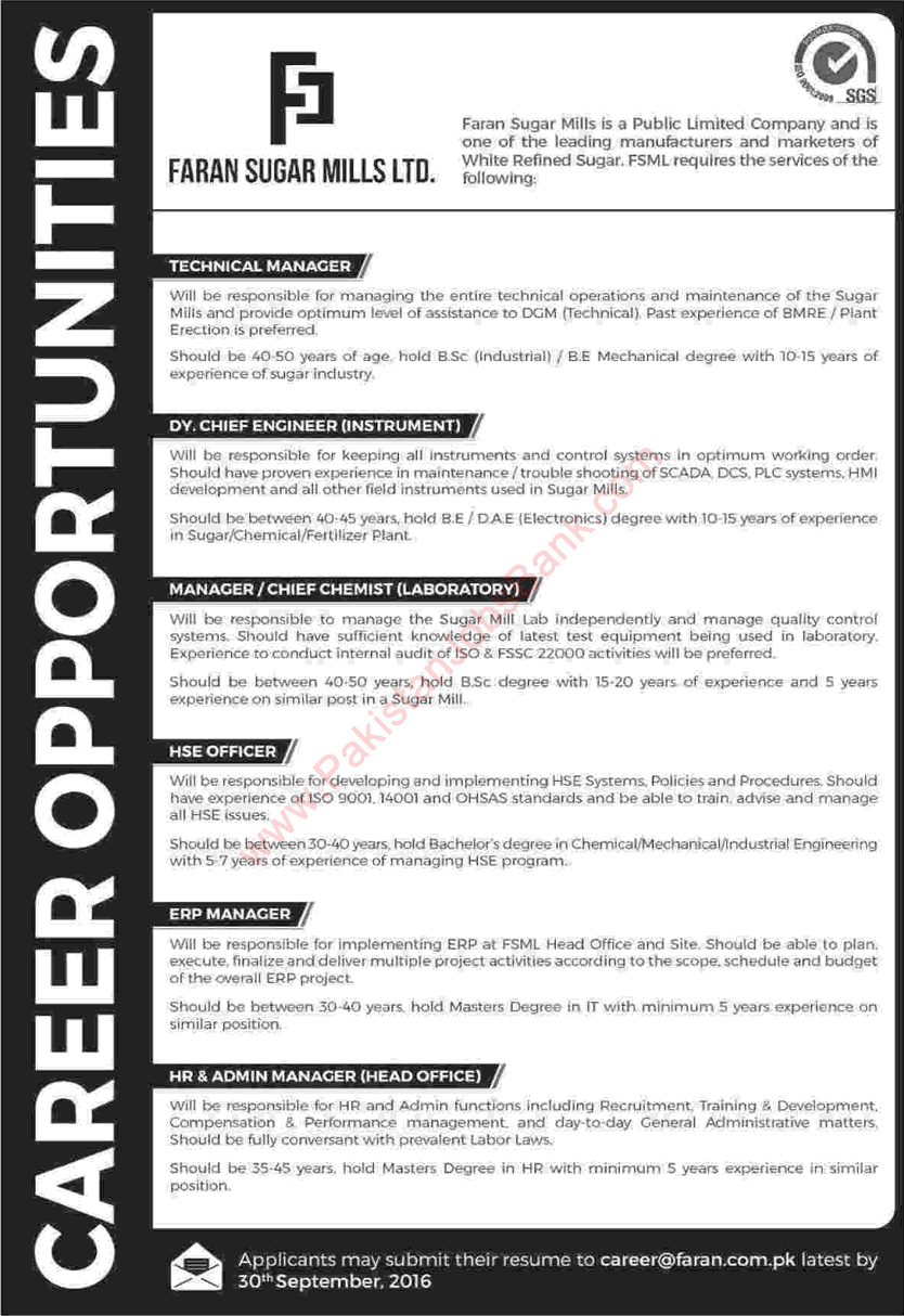 Faran Sugar Mills Jobs 2016 September HR / Admin Manager, HSE Officer, Technical Managers & Others Latest