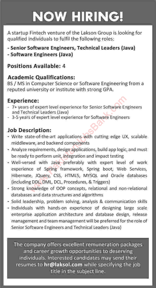 Software Engineering Jobs in Karachi September 2016 at Lakson Group Pakistan Latest