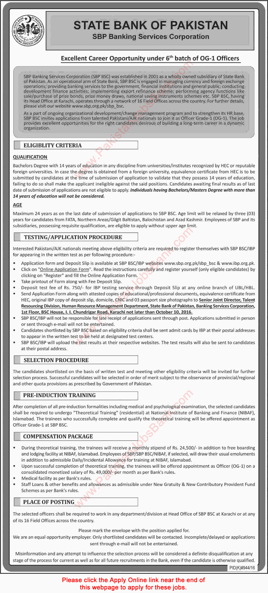 State Bank of Pakistan Jobs September 2016 SBP Apply Online for Officer Grade-I (OG-I) Latest / New