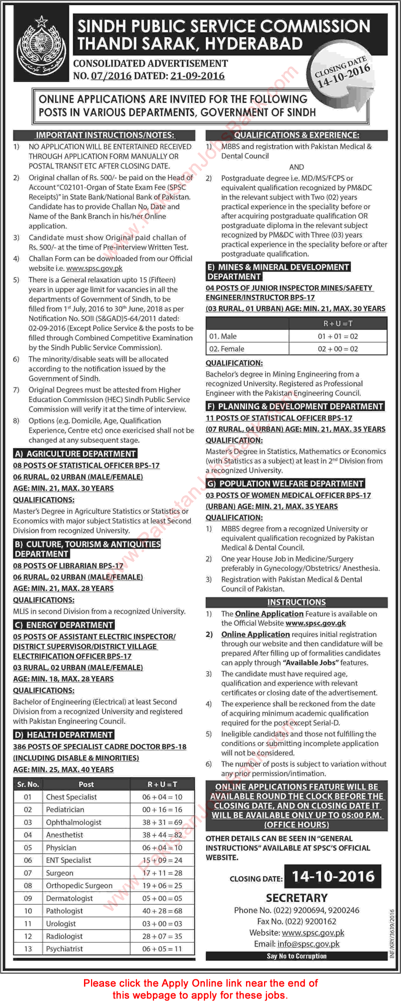 SPSC Jobs September 2016 Apply Online Consolidated Advertisement No. 07/2016 7/2016 Latest
