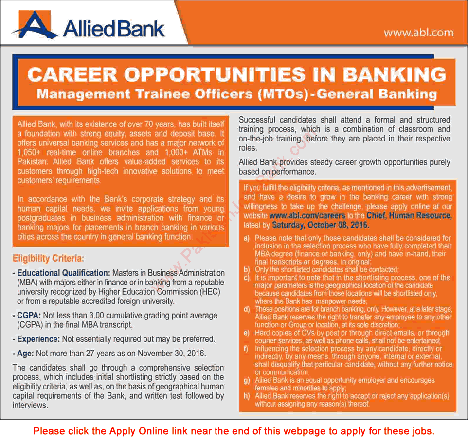 Allied Bank Jobs October 2016 Apply Online Management Trainee Officers MTO Latest / New