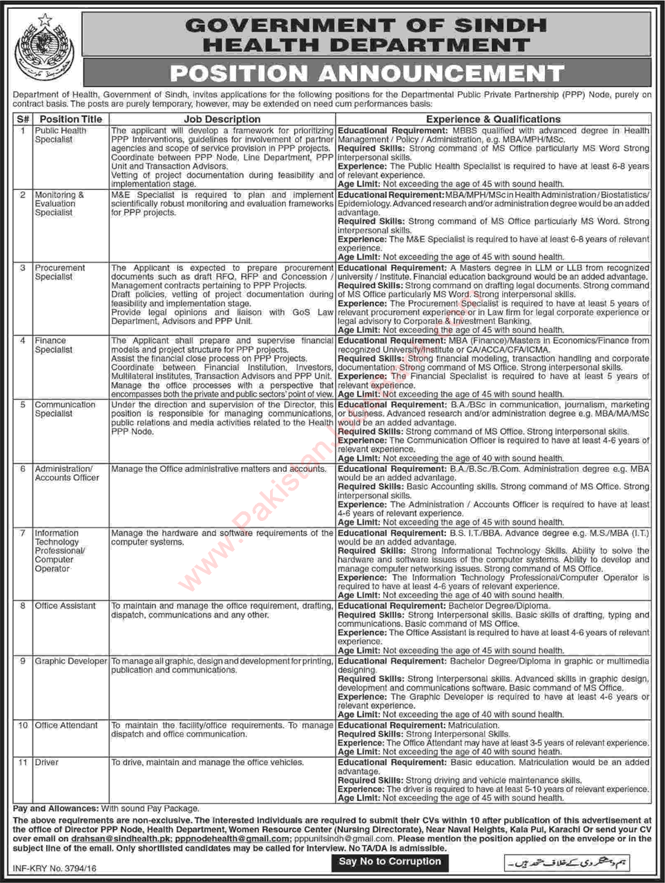 Health Department Sindh Jobs October 2016 Admin / Accounts Officer, Office Assistant & Others Latest