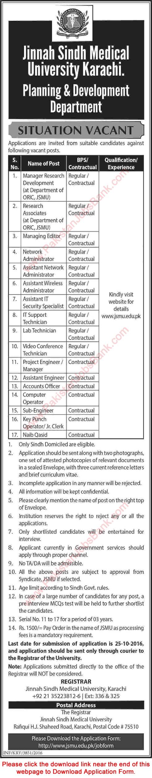 Jinnah Sindh Medical University Karachi Jobs October 2016 Application Form Download Latest