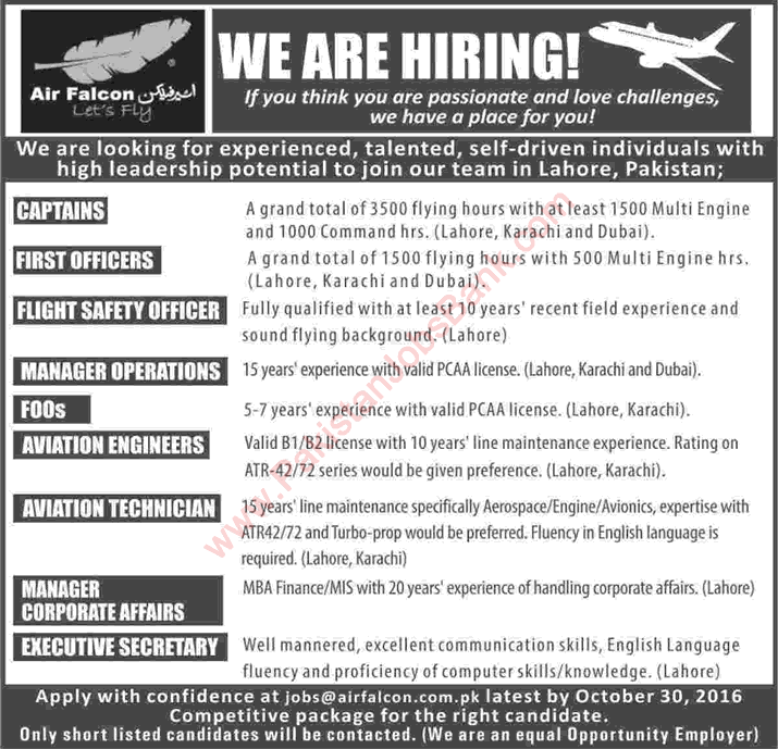 Air Falcon Jobs 2016 October Captains, First Officers, Aviation Engineers, Flight Safety Officer & Others Latest