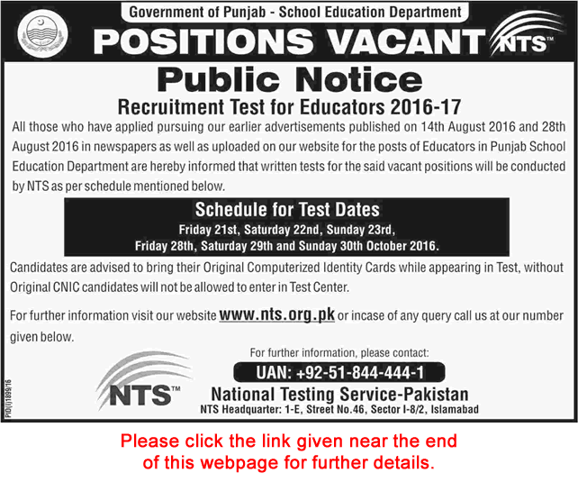 School Education Department Punjab Jobs October 2016 NTS Written Test Schedule for Educators Latest