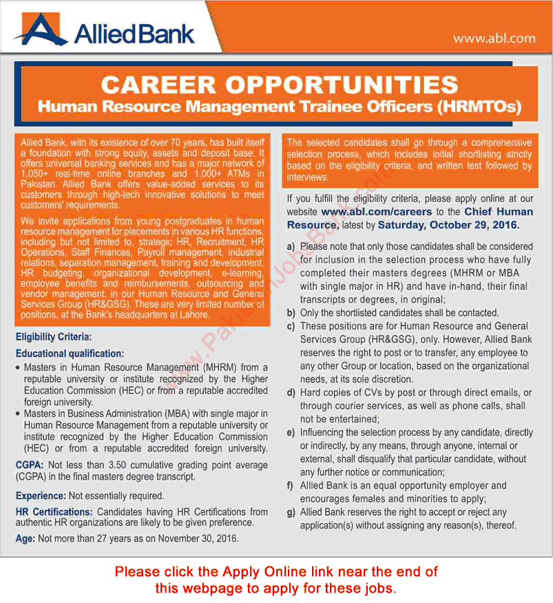 Allied Bank HR Management Trainee Officer Jobs October 2016 Apply Online HRMTOs Latest
