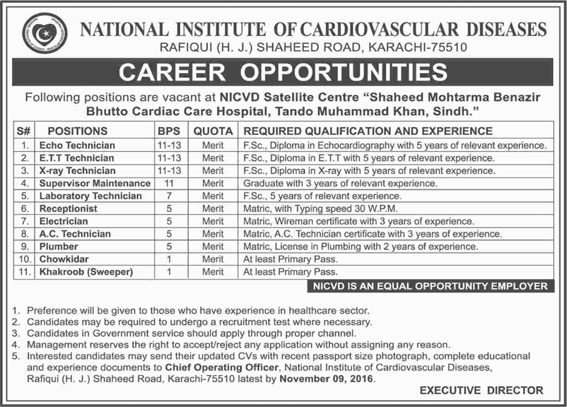 NICVD Karachi Jobs October 2016 Shaheed Mohtarma Benazir Bhutto Cardiac Care Hospital Latest