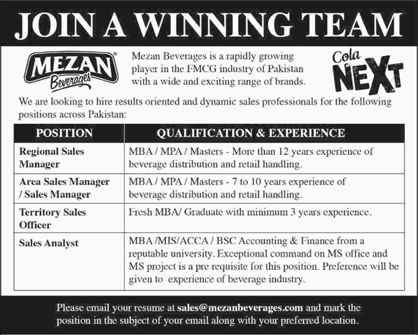 Mezan Beverages Pakistan Jobs 2016 October Sales Managers, Officers & Analysts Latest