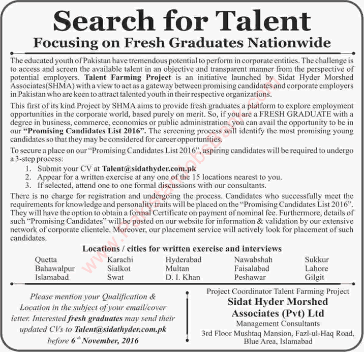 Sidat Hyder Morshed Associates Pvt Ltd Jobs 2016 October Talent Farming Project for Fresh Graduates Latest