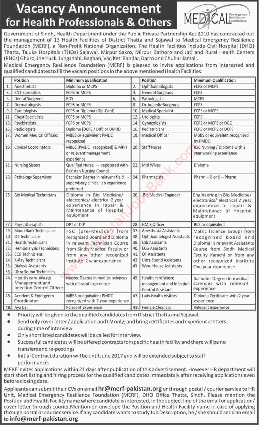 Medical Emergency Resilience Foundation Pakistan Jobs 2016 October / November MERF Sindh Latest